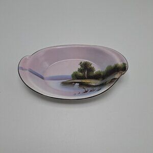 Vintage Noritake Hand Painted Oval Rice Bowl Dish With Swan & Scenic Landscape